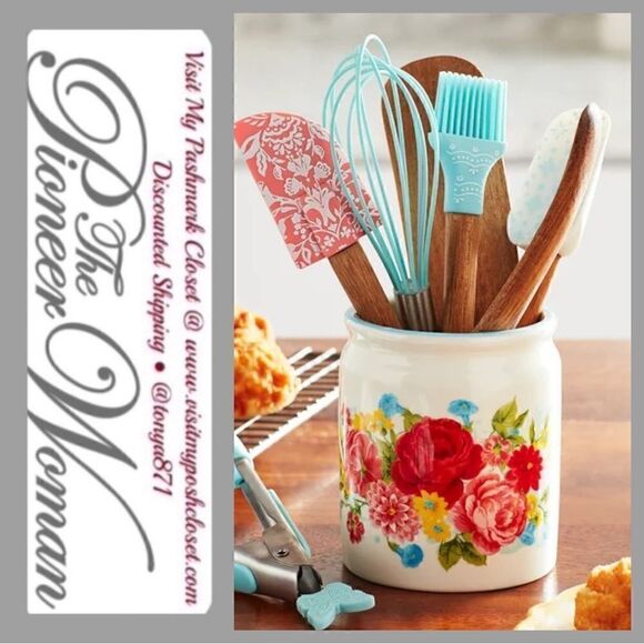 🦋 New Pioneer Woman Sweet Rose Mini Crock Holder & Cooking Utensils - Picture 3 of 5